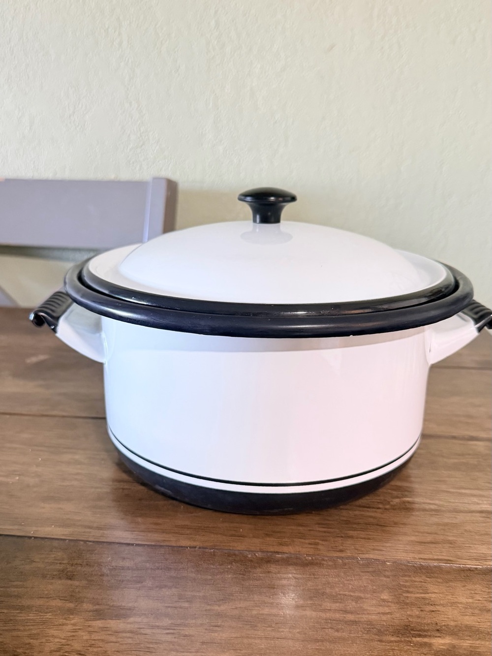 White and Black Enamel Stockpot with Lid - Vintage Vollrath Kook King Enamelware